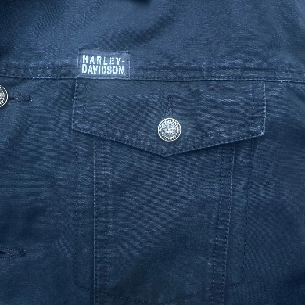 Vtg Harley-Davidson Mens Black Cotton Canvas Trucker Jacket Embroidered Logo M